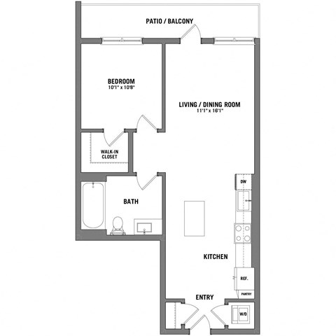Floor plan for 1 bed, 1 bath, 728 sqft